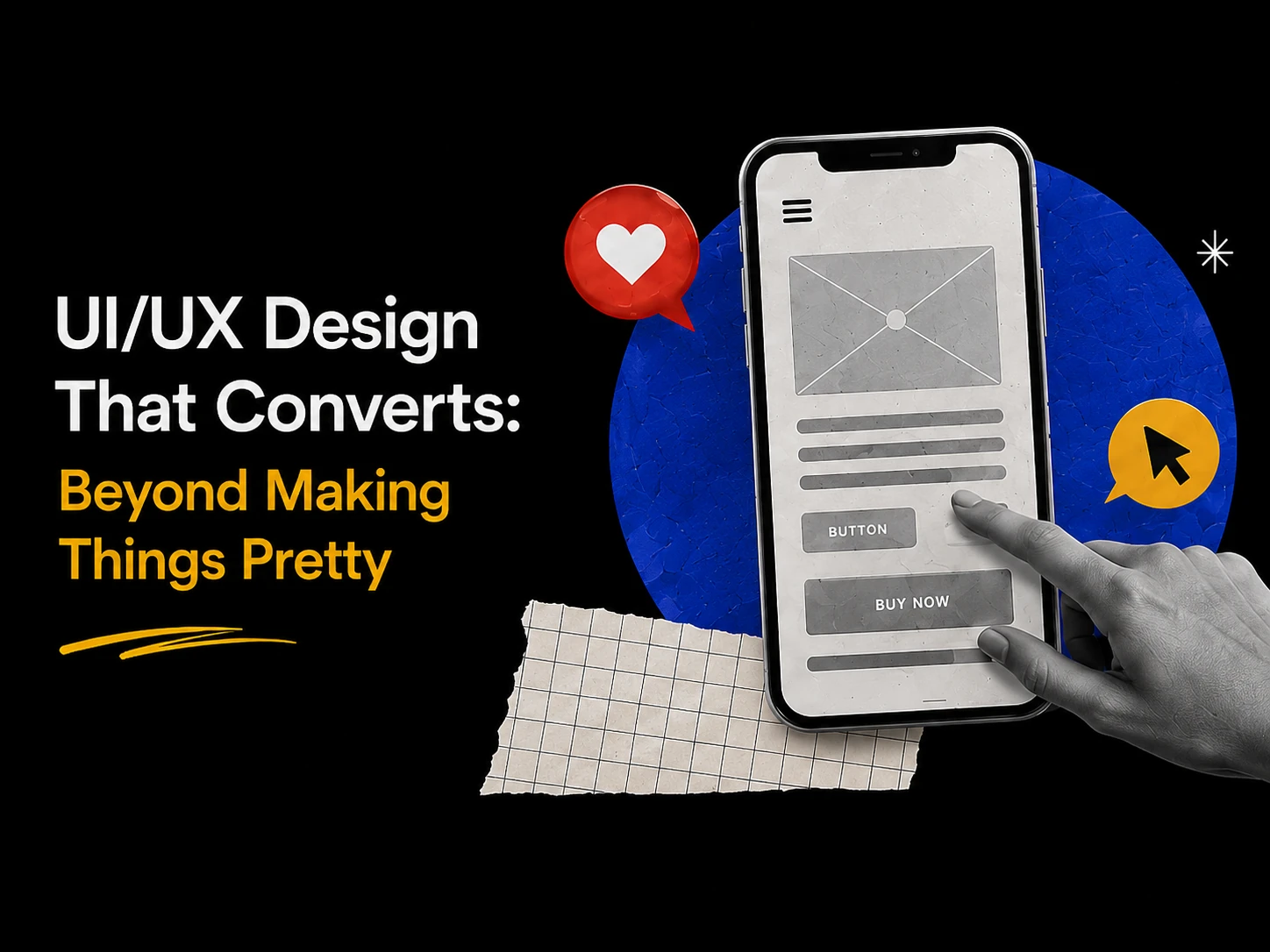 Wireframes and interface design components on a dark canvas